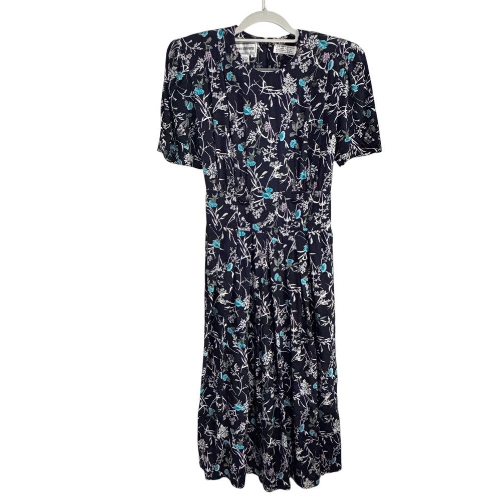 Karin Stevens Vintage Floral Fit and Flare Midi Dress Women 10 Navy Blue Cottage